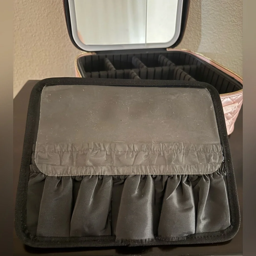 Pink LED Makeup Case Travel Cosmetic Organizer w Mirror Train Case Storage